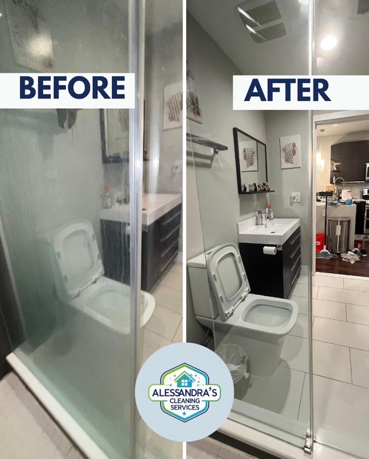 Before and after bathroom deep clean by Alessandra's Cleaning Services